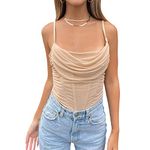 FeMereina Women Bustier Corset Top Y2K Spaghetti Strap Satin Cowl Neck Backless Boned Crop Cami Top Sexy Club Party Wear (Apricot, Large)