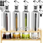 SINYWAY Oil Dispenser Bottle, 4 Pack Glass Olive Oil Dispenser Bottle with Shelf, 17oz/500 ml Oil and Vinegar Dispenser Set Wrapped in Stainless Steel Shell with Pourers, Funnel & Pen and Tags