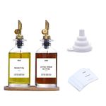 sunal Olive Oil Bottle Dispenser for Kitchen,Oil and Vinegar Dispenser Set with Weighted Pourer,Glass Coffee Syrup Dispenser with Waterproof Label,Funnel and Bamboo Tray(Gold,350ml,2 pack)