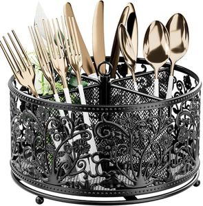 YIUKEA 360° Rotating Utensil Caddy - Silverware Cutlery Caddy Holder with 4 Compartment, Metal Flatware Organizer Countertop with Handle for Party Camping Picnic, Kitchen Counter, Office (Black)