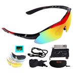 Polarized Sports Sunglasses, UV400 Protection Cycling Glasses with 5 Interchangeable Lenses for Men Women in Cycling, Fishing, Running, Driving, Golf, Baseball, Outdoor Activities (RED*BLACK)