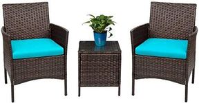 DEVOKO 3-Piece Outdoor Patio Furniture Set with HDPE Rattan Wicker Chairs and Table - Ideal for Porch, Garden, or Outdoor Spaces (Dark Brown & Sky Blue)