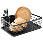 Navaris Dish Drainer Rack - Plate, Cutlery, Pots and Pans Drying Rack for Kitchen - Modern Retro Design Drip Tray with Metal Rack - Black