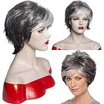 Gray Wigs for Women, Temperament Bangs, Fluffy Short Hair, Black Gradient Silver Wigs for Middle-Aged and Elderly Women, Natural Hair for Daily Use, Suitable for Girls and Women