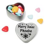 Gift In Can Merry Xmas Phoebe Heart Shaped Mini Tin Gift filled with mini coloured chocolates perfect christmas card alternative for Phoebe Fun Festive Snowflakes Design