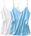 Ekouaer Womens Satin Tank Tops 2 Pack Silky Camisole V Neck Spaghetti Strap Blouses Sleeveless Cami Shirt White/Light Blue Small