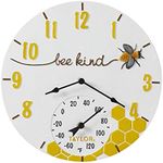 Taylor Bee Kind Poly Resin Indoor and Outdoor Clock and Thermometer, Home Decor for Garden, Patio, Pool, and Indoor Areas, 14-inch, Multi-Color