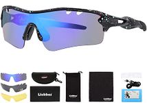 Liekkas Polarised Sports Sunglasses For Men Women with 3 Interchangeable Lenses for Running Cricket Mountain Bike Cycling Glasses Black Blue