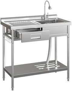 GarveeTech Stainless Steel Laundry Utility Sink, Freestanding Single Bowl Kitchen Sink with Hot & Cold Water Faucet, Built-In Wash Board, Drawer, Drain Basket, Dish Rack for Laundry Room, Garage