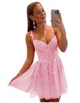 Wirunsy Women's Tulle Homecoming Dresses for Teens Spaghetti Strap Lace Applique Short Prom Dresses 2024 Cocktail Mini Gowns, Pink, 2