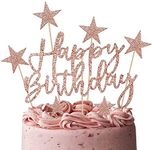 MOVINPE 2 Set Rose Gold Cake Decoration, Happy Birthday Banner, Star Cake Toppers for Girls Women for Birthday Party Favor