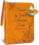 Large Bible Cover Case for Women (11"x8"x2.5") PU Leather Bible Cover for Girl w/Wristlet Strap, Bible Cover for Women w/Engraved Floral Lily Design, Waterproof Bible Case for Women (Orange)