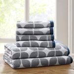 Intelligent Design Lita 100% Cotton Luxurious Bath Towel Set, Jacquard Geometric Design, Highly Absorbent, Quick Dry, Hotel & Spa Quality for Bathroom, Multi-Sizes, Grey/Navy 6 Piece