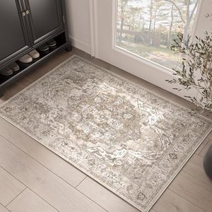 JINCHAN Rug Washable Door Mat Vintage Entryway Rug Kitchen Mat Thin Rug 61x91CM Taupe Multi Distressed Floral Indoor Mat for Bathroom Bedroom Living Room