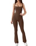 Tanou Flare Jumpsuits for Women Workout Strappy Square Neck Bodycon Bodysuit Jumpsuit, Coffee Brown