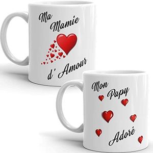 Mug duo mamie d'amour papy adoré je t'aime duo de tasse grand père grand mère haute Qualité avec coeurs Idée Cadeau Originale Famille anniversaire noel fete réalisé en France