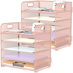 2 Pack 5-Tier Pink Desk Organizer with Handle Mesh Desk File/Paper Organizer Letter Tray for Office, School, Classroom and Home Easy Installation