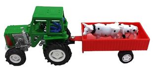 Neoinsta Medium Size Pull Back Or Pull Along Plastic Farm Tractor with Tractor Trolley and Two Cows Behind | Agriculture Farm Truck | Trailer Vehicle Toy for Kids (Green Red)