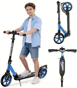 FREEDARE Kick Scooter for Kids 8-12, 200mm Big Wheels Foldable Scooter for Teens and Adults, 4 Adjustable Height, Front Suspension, 2 Wheels Scooter Blue