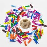 100 Pcs Mini Natural Wooden Pegs Baby Clothespins Tiny Wooden Clothes Pegs Photo Clips with 30 M Jute String for Arts and Crafts, Weddings Events, Home School Decor