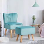 COSTWAY Velvet Accent Chair with Footstool, Armless Tub Side Dining Chair, Fabric Upholstered Occasional Wing Back Leisure Chair for Living Room, Dressing, Lounge and Office (Green)