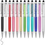 MengRan Cute Pens with Stylus Tip, 2 in 1 Black Ink Ballpoint Pens and Slim Crystal Stylus Pens for Touch Screens(12 colors)