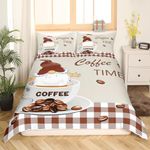 Manfei Cute Gnome Kids Duvet Cover Set Super King, Coffee and Cup Comforter Cover, Brown Plaid Print Bedding Set for Boys Girls Adults Bedroom Decor, Lightweight Bedspread Cover, 2 Pillowcases