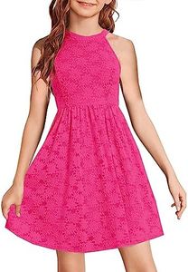 HOSIKA Girls Lace Dress Halter Neck High Waist Holiday Beach Wedding Party Dress Rose Red 6-12 Years