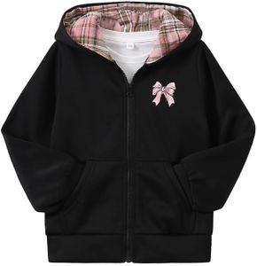 Fdqin Girls Zip Up Hoodies Kids Long Sleeve Sweatshirt Fall Jacket Bow Graphic with Pockets Winter Clothes 9-10 Years Black
