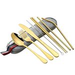 CherryBox Portable Utensils Flatware Set, Travel Camping Cutlery Set, 8-Piece Including Knife Fork Spoon Chopsticks Cleaning Brush Straws Portable Pouch, 304 Stainless Steel (Golden)