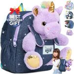 Unicorn Backpack - 3 - 4 Year Old Girl Gifts - Toddler Backpack for Girls Boy w Unicorn Stuffed Animal - Toys for 3 Year Old Girls - Small Backpack w Purple Unicorn - Model w Pockets & Reflective Logo