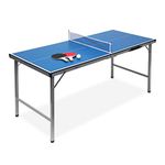 Relaxdays Midi Table Tennis Ping Pong Table, 150 x 67 x 71 cm, Folding Table for Indoor & Outdoor Use, Ball and Paddles Included, Blue