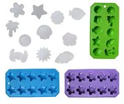 Chef Craft Set of 3 Flexible Shaped Ice Cube Trays. Sun, Star, Flower, Tree and Sealife. Fun Party Combo, Silver