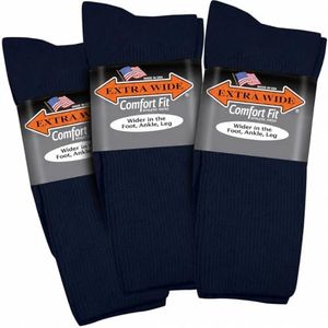 Extra Wide Athletic Crew Length Socks - Exceptional Stretch and Comfort Fit, Wide Foot, Ankle & Calf - 3 Pack, Fits Up to 6E Width, Non-binding - Made in USA - Navy, X-Large
