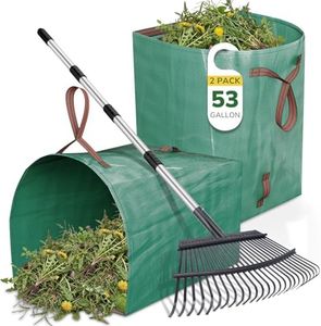 GreatBuddy Leaf Rake and Leaf Bags Combo, Adjustable Metal Garden Rake 29''-72'' 25 Tines, 2 Pack 53 Gallon Reusable Yard Waste Bags, Heavy Duty Lawn Rake with Dustpan Leaf Collector for Yard Cleanup
