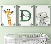 Safari Animals Jungle Leaves Baby Boy or Girl Nursery Bedroom Unframed Prints Set of 3, Personalised Name Nursery Wall Art Decor Gift Present Elephant Lion Giraffe Panda Zebra (A4)