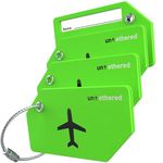 Untethered Luggage Tag Set | 4 Pack Flexible & Bright Silicone Baggage Tags for Travel & Suitcases. Includes Name Cards with Partial Privacy Cover & Stainless Steel Loops for Secure Fastening.