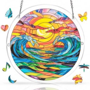 Jollitot Acrylic Puzzle for Adults, Stained Glass Style Sunset Acrylic Jigsaw Puzzle Suncatcher with Irregular Pieces, Colorful Window Hanging Sun Catcher, Art Home Decor Gift for Women Mom 11.4in