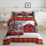 Christmas Truck Kids Comforter Set Twin Size,Geometric Plaids Snowflake Bedding Set,Girls Boys Adults Room/Xmas Cabin Decor,Cottage Rustic Down Comforter,Farmhouse Duvet Insert,2pcs,1 Pillowcase