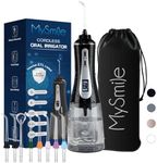 MySmile Powerful Cordless 350ML Water Flosser Portable OLED Display Dental Oral Irrigator with 5 Pressure Modes 8 Jet Tips and Storage Bag for Home Travel Use (Black)