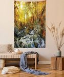 Ambesonne Landscape Tapestry, Autumn River Creek Forest Falling Leaves Rocks Trees Foliage Sunbeams Branches, Wall Hanging for Bedroom Living Room Dorm Decor, 40" X 60", Sage Green