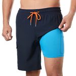 BRISIRA Mens Swim Shorts Swim Trunks 9 inch Bathing Suits Swimsuit Board Compression Liner Quick Dry Navy