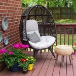 DEVOKO Outdoor All-Weather Rattan Wicker Egg Chair for Garden, Deck, Lawn, Poolside, Terrace (Dark Brown & White)