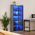 Display Cabinet with Doors and Adjustable Shelves, 65" Tall Bookcase with Metal Handle/LED Lights/Human Sensor, 5 Tier Display Case for Collectibles Bedroom Living Room Office, Grey