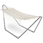 VonHaus Boho Fringe Hammock With Frame - Bohemian Style 1 Seater Garden Hammock with Stand - Portable & Easy Assembly 1 Person Hammock, Beige Freestanding Hammock w/Durable Powder Coated Steel Frame