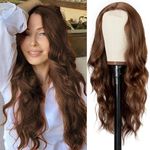 MYQUEEN Long Auburn Wavy Wig for Women Chocolate Brown 26 Inch Middle Part Light Brown Curly Wavy Wig Glueless Synthetic Lace Front Wig for Daily Party Holloween