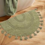 Zeeinx Half Circle Boho Bathroom Rug with Tassels 100% Cotton Hand-Woven Bath Mat Non Slip Absorbent Bath Rugs with Rug Pad Washable Boho Bath Mat Carpet for Tub, Shower 20''x32'',Sage Green