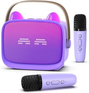 Mgaolo Upgraded Mini Karaoke Machine Toy for Kids, Portable Bluetooth Speaker with 2 Wireless Mics, Emoji & Colorful LED Lights, Home Travel & Party Play Gifts for Boys Girls (Purple)