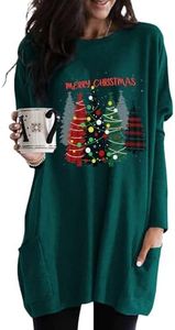 Dokotoo Womens Christmas Shirts Comfort Sweatshirt Casual Winter Fall Outfits for Women 2025 Christmas Trees Print Long Sleeve Tshirts Tunics Oversized Sweatshirt Tshirt Dress Green M