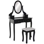 HOMCOM Wooden Vanity Table Set with 360° Rotating Oval Mirror, Makeup Dressing Table with 5 Drawers and Padded Stool for Bedroom, Black